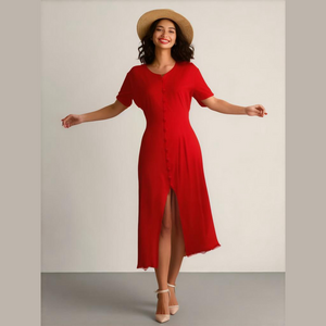 80s BREAKIN LOOSE RED FITTED BUTTON FRONT SHORT SLEEVE MIDI DRESS FRT SLIT SZ 10